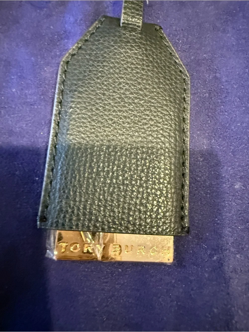 Tory Burch Black Pebbled Leather Tag with Gold-Tone Logo Plate